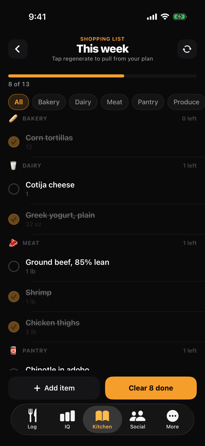 The shopping list, grouped by aisle, with the items already in the cart ticked off.