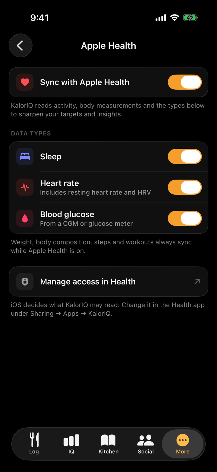 Apple Health settings: sync on, with sleep, heart rate, and blood glucose each on their own switch.