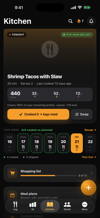 The Kitchen tab: tonight's planned meal with macros, the week's cooked days, and the shopping list.