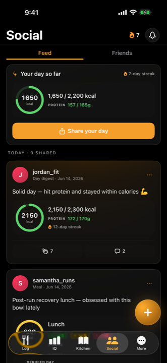 The Social feed: your day's ring, a shared day from a friend, and streak counts.